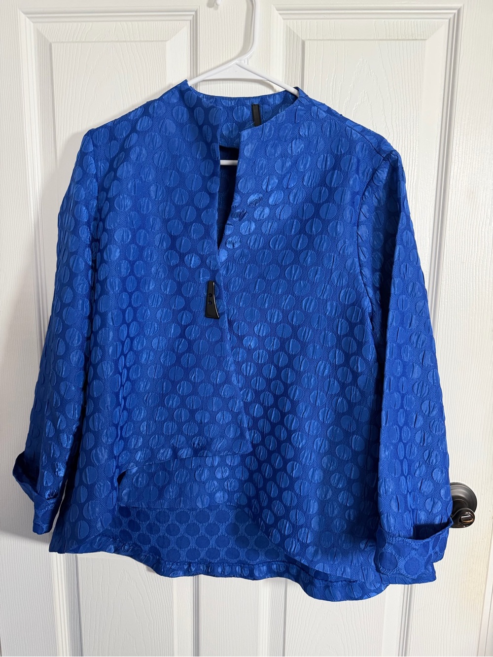 IC Collection Textured One-Button Asymmetric Jacket Crinkle Jacquard Blue L